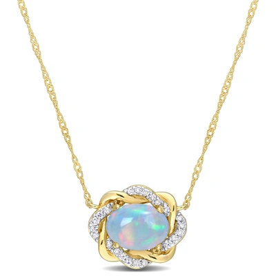 Mimi & Max 3/4 Ct Tgw Ethiopian Blue Opal And 1/10 Ct Tw Diamond Interlaced Halo Necklace 10k Yellow Gold In Silver