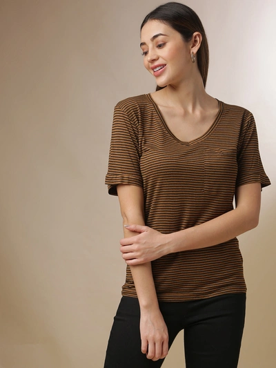 Campus Sutra Women Striped Stylish Casual Tops In Brown