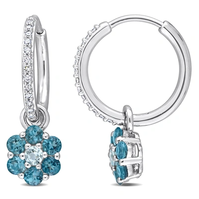 Mimi & Max 1 1/10 Ct Tgw London And Sky Blue Topaz And 1/8 Ct Tdw Diamond Floral Huggie Earrings In 10k White G In Silver
