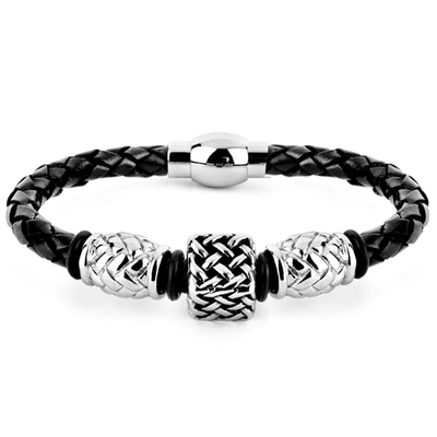 Crucible Jewelry Crucible Los Angeles Stainless Steel Square Beaded Black Braided Leather Bracelet (12 Mm)