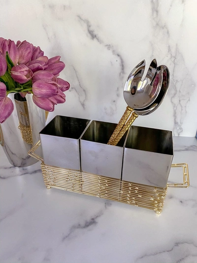 Classic Touch Decor Gold Brick Design Cutlery Holder With Hammered Stainless Inserts