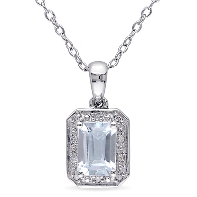 Mimi & Max 1ct Tgw Emerald Cut Aquamarine And Diamond Pendant With Chain In Sterling Silver In Blue
