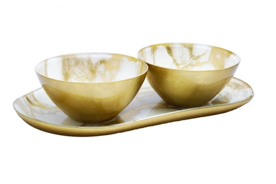 Classic Touch Decor White And Gold Marbleized 2 Bowl Relish Dish