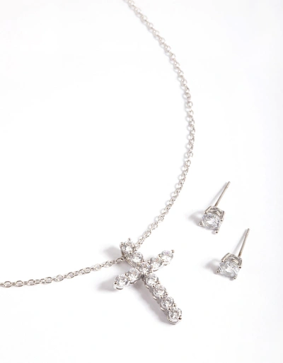 Lovisa Rhodium Diamond Simulant Stud And Cross Necklace Set In Silver