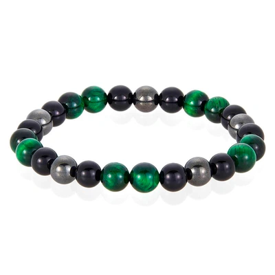 Crucible Jewelry Crucible Los Angeles 8mm Bead Stretch Bracelet Featuring Green Tiger Eye, Shiny Black Onyx And Magne