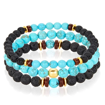 Crucible Jewelry Crucible Los Angeles 3 Pack Turquoise, Lava, Wood And Gold Hematite Bead Stretch Bracelets In Blue