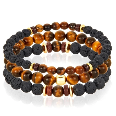Crucible Jewelry Crucible Los Angeles 3 Pack Tiger Eye, Lava, Wood And Gold Hematite Bead Stretch Bracelets In Black