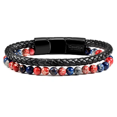 Crucible Jewelry Crucible Los Angeles Black Leather Black Clasp Blue And Red Imperial Jasper Bracelet In Brown