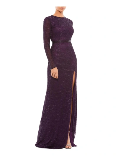 Mac Duggal Womens Beaded Lattice Evening Dress In Purple