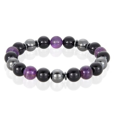 Crucible Jewelry Crucible Los Angeles 10mm Bead Stretch Bracelet Featuring Amethyst, Shiny Black Onyx And Magnetic He In Purple