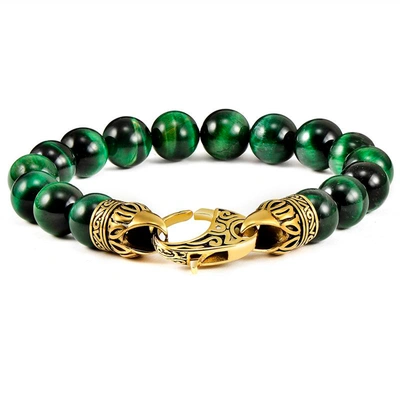 Crucible Jewelry Crucible Los Angeles 10mm Green Tiger Eye Bead Bracelet With Gold Ip Stainless Steel Antiqued Lobste