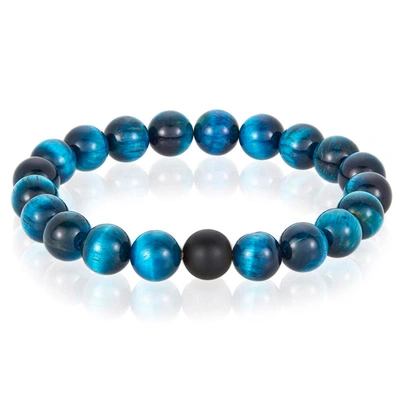 Crucible Jewelry Crucible Los Angeles Polished Aqua Tiger Eye And Black Matte Onyx 10mm Natural Stone Bead Stretch Br In Blue