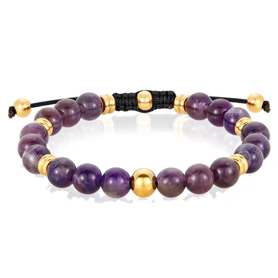 Crucible Jewelry Crucible Los Angeles 8mm Amethyst And Gold Ip Stainless Steel Beads On Adjustable Cord Tie Bracelet In Purple