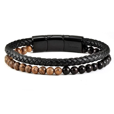 Crucible Jewelry Crucible Los Angeles Black Leather Black Clasp Two-tone Wooden Beads Bracelet
