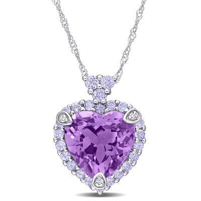 Mimi & Max Halo Diamond And 3 4/5 Ct Tgw Heart Shaped Tanzanite Amethyst Pendant With Chain In 10k White Gold In Purple