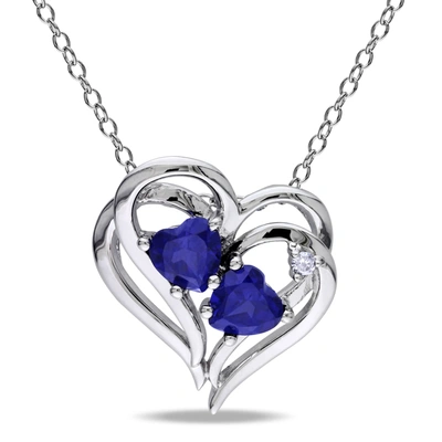 Mimi & Max 1 1/8 Ct Tgw Created Blue Sapphire Heart And 0.02 Ct Tw Diamond Pendant With Chain In Sterling Silve In Silver