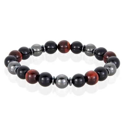Crucible Jewelry Crucible Los Angeles 10mm Bead Stretch Bracelet Featuring Red Tiger Eye, Shiny Black Onyx And Magnet