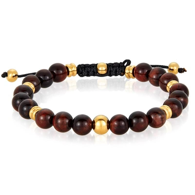 Crucible Jewelry Crucible Los Angeles 8mm Red Tiger Eye And Gold Ip Stainless Steel Beads On Adjustable Cord Tie Brac In Black