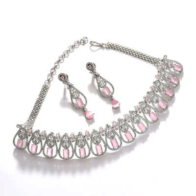 Sohi Pink Color Silver Plated Designer Stone Necklace Set For Women's