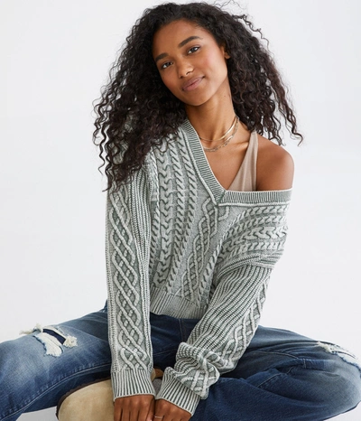Aéropostale Slouchy Cable-knit Cropped V-neck Sweater In Grey