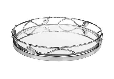 Classic Touch Decor Round Mirror Tray With Nickel Leaf Design - 11.25"d X 2"h