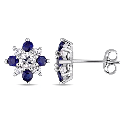 Mimi & Max 1 3/5 C Tgw Blue And White Sapphire Floral Stud Earrings In 14kwhite Gold In Silver