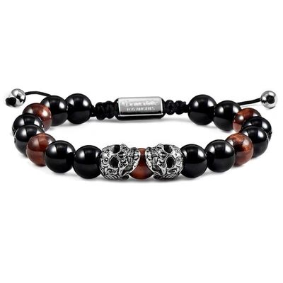 Crucible Jewelry Crucible Los Angeles Double Skull Adjustable Bracelet With Red Tiger Eye And Black Onyx Beads