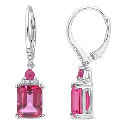 Mimi & Max Womens 6 1/3ct Tgw Octagon Pink Topaz Trilliant Ruby And 1/10ct Tdw Diamond Leverback Earrings In St In Red