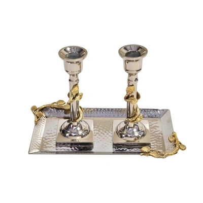 Classic Touch Decor 2 Silver Candlesticks With Gold Leaf Design On Tray