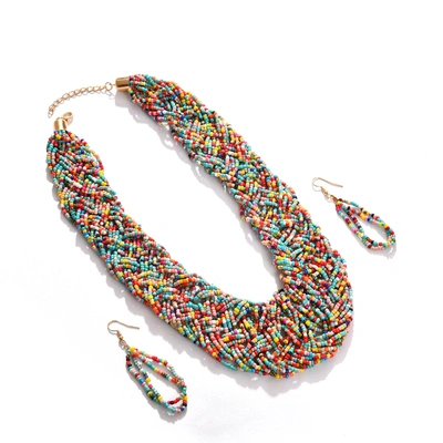 Sohi Multi Color Gold Plated Beaded Necklace And Earring Set For Women's In Red
