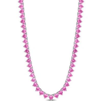 Mimi & Max 31-1/5ct Tgw Heart-cut Created Pink Sapphire Tennis Necklace In Sterling Silver - 18 In.