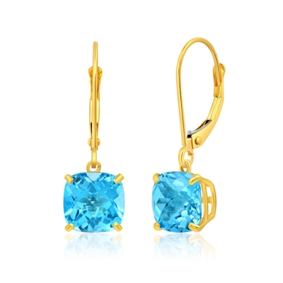 Max + Stone 14k Solid Yellow Gold Gemstone Dangle Leverback Earrings (8mm) In Blue