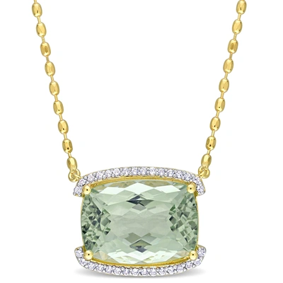 Mimi & Max Womens 16 5/8ct Tgw Cushion-cut Green Quartz And White Topaz Semi-halo Necklace Yellow Plated Sterli