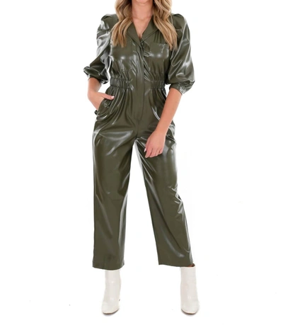 Merci Do It Better Faux Leather Jumpsuit In Olive In Green