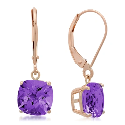 Max + Stone 10k Rose Gold 8mm Cushon Checkerboard Cut Amethyst Dangle Leverback Earrings In Purple