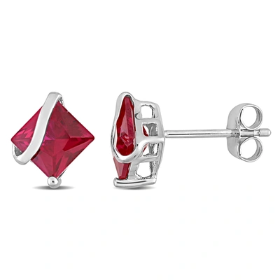 Mimi & Max 2 1/3ct' Tgw Square Cut Created Ruby Stud Earrings In 10k White Gold In Red