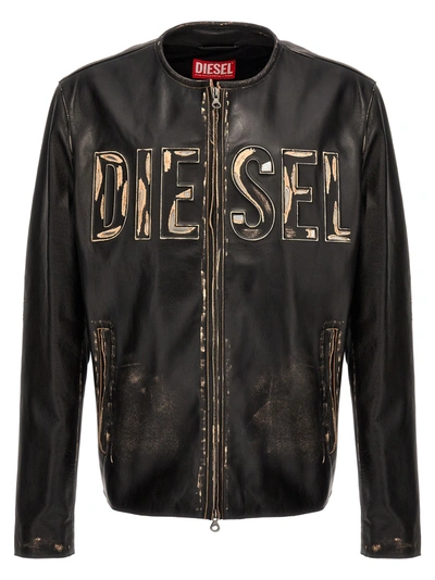 Diesel Logo Leather Jacket In Black