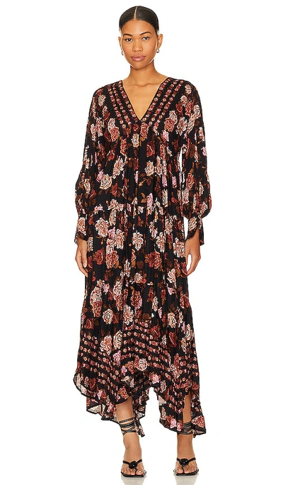 Free People Rows Of Roses Long Sleeve Maxi Dress In Black Combo