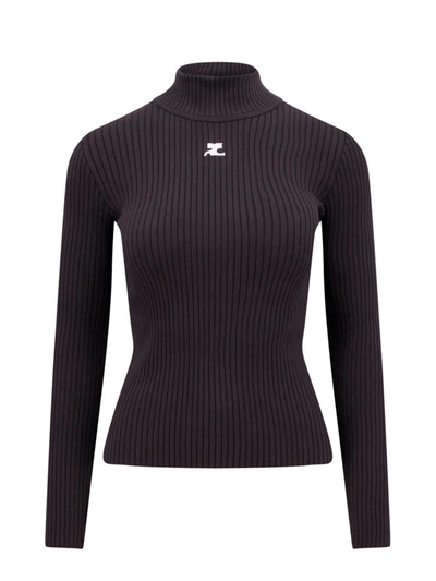 Courrèges Viscose Blend Ribbed Sweater In Grey