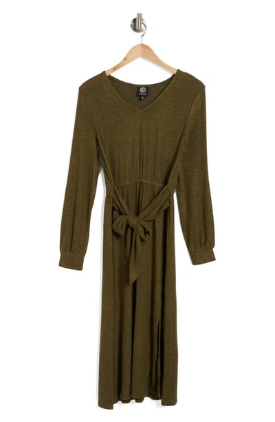 Bobeau Cozy Tie Waist Long Sleeve Sweater Dress In Green