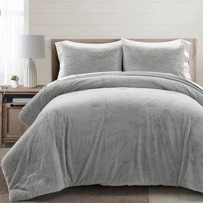 Lush Decor Modern Solid Ultra Soft Faux Fur Comforter Light Gray 5pc Set Twin