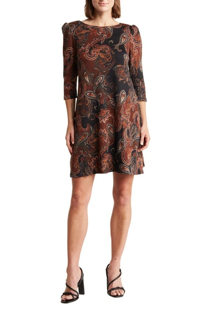 Jessica Howard Paisley Three-quarter Sleeve Trapeze Dress In Black Brown