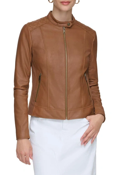 Andrew Marc Faux Leather Racer Jacket In Whiskey