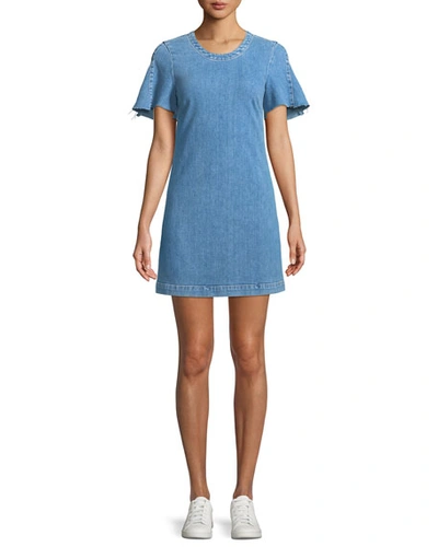 7 For All Mankind Short-sleeve Denim Mini Dress In Bright Blue Jay