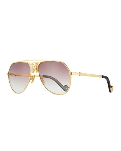 Anna-karin Karlsson Miss Rosell Gradient Aviator Sunglasses W/ 3d Butterfly In Gold