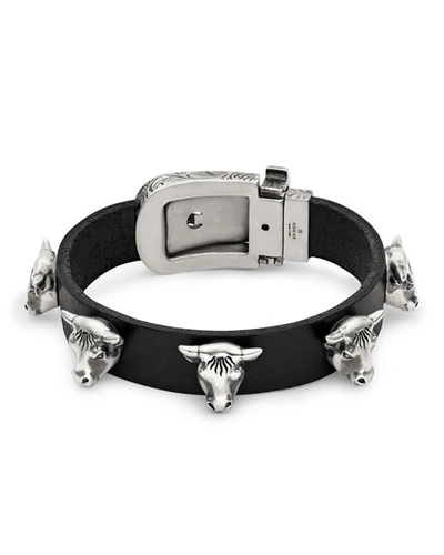 Gucci Men's Leather Bracelet W/ Silver Bull Stations In Black/silver