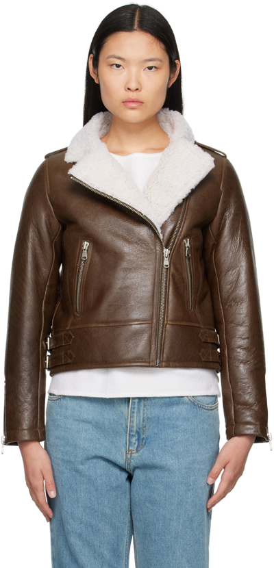 Yves Salomon Shearling-collar Leather Jacket In B2990 Cognac/ivoire