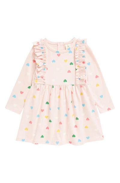 Tucker + Tate Babies' Heart Print Shoulder Ruffle Long Sleeve Cotton Blend Dress In Pink English Happy Hearts