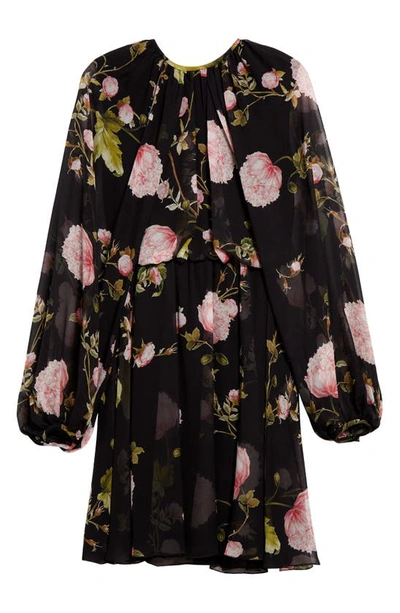 Giambattista Valli Rose Print Long Sleeve Silk Chiffon Dress In Black/ Rose