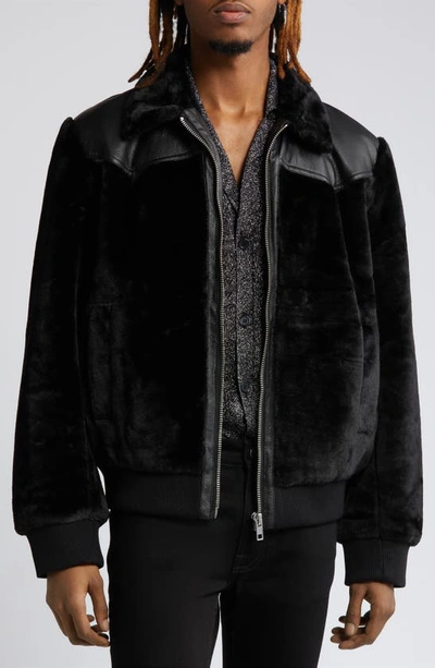 Asos Design Faux Fur & Faux Leather Harrington Jacket In Black